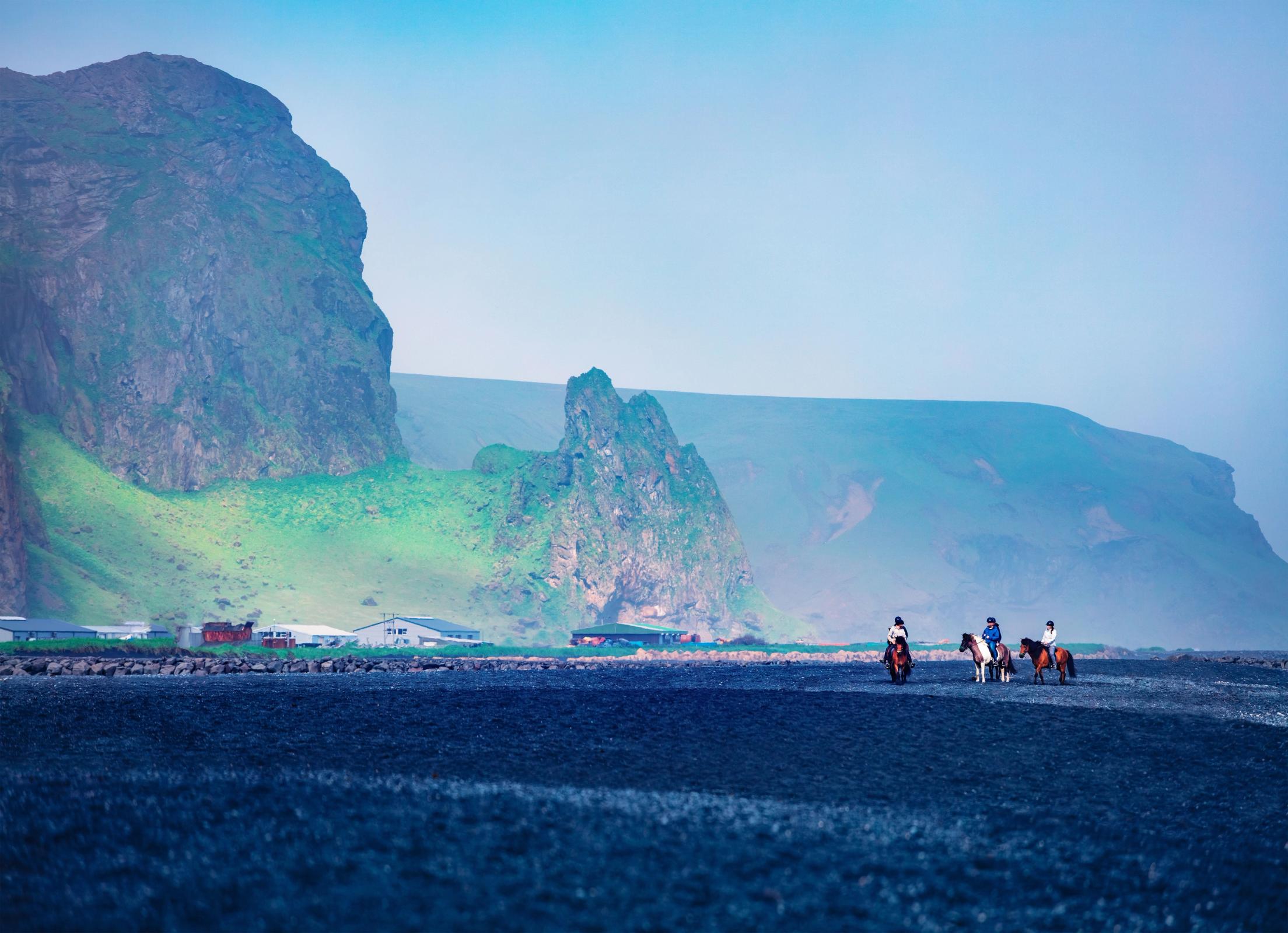 a group of people are riding horses on a beach .