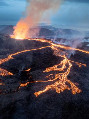 Volcano large lava pond and the primary eruptive cone in sw iceland