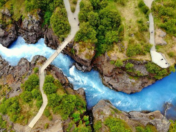 Aerial of Barnafoss Waterfall