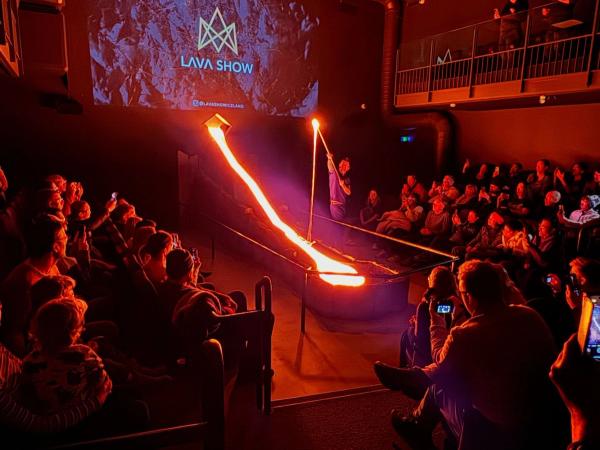 a crowd of people are watching a lava show in a theater .