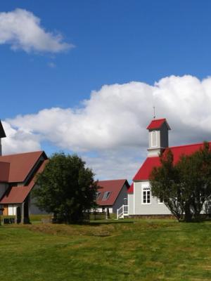 two churches with red roofs are sitting next to each other in a grassy field .
