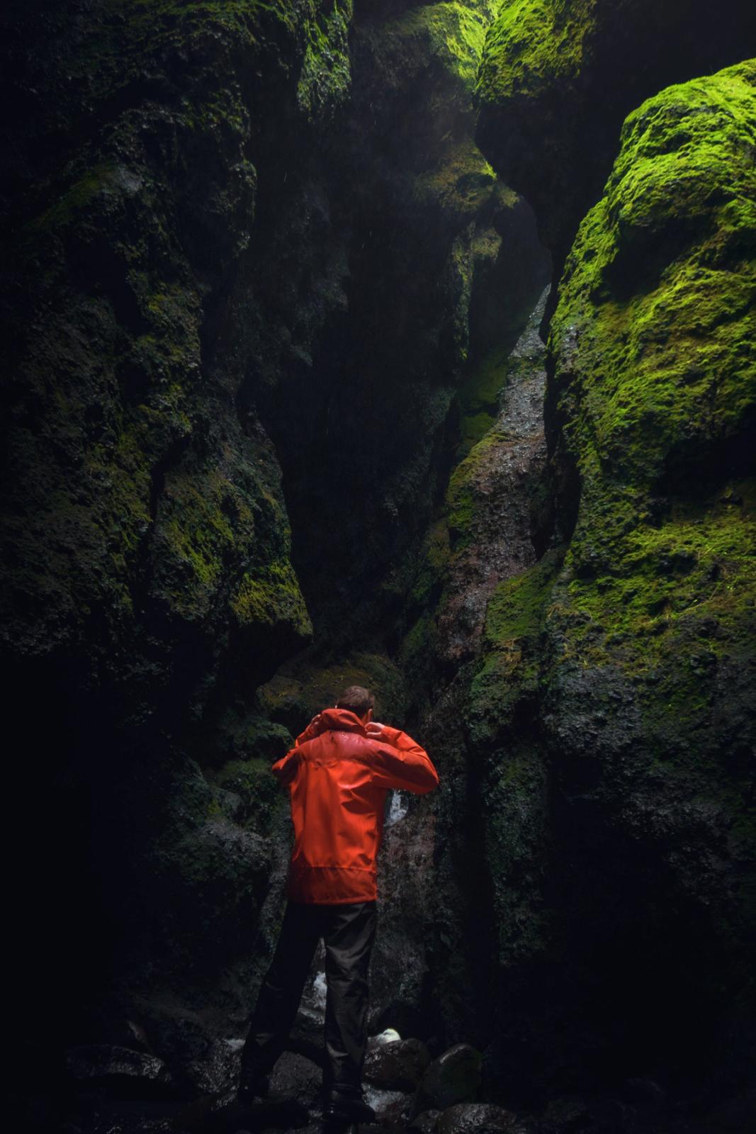 Person in orange jacket looking up in a dark, mossy canyon.