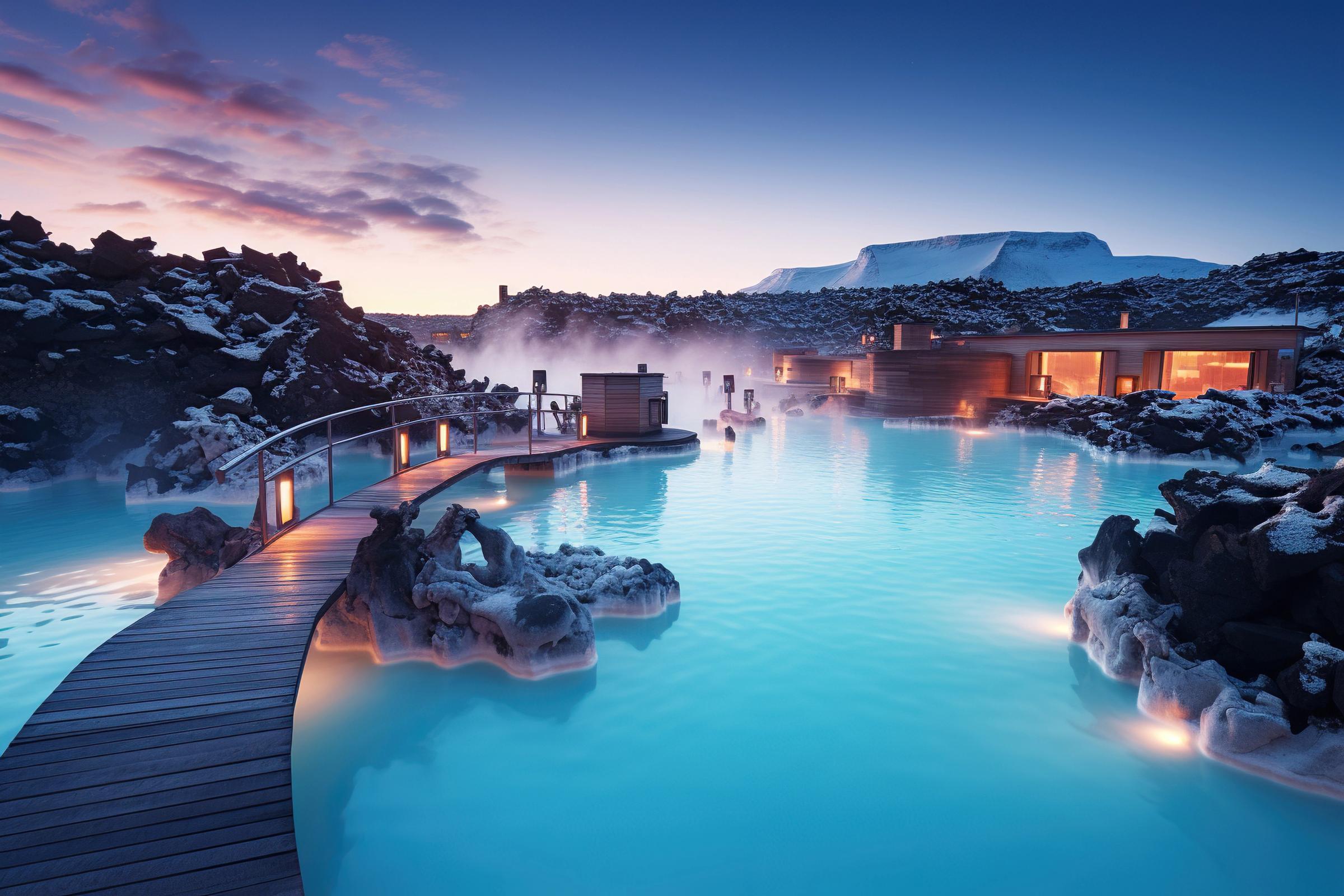 Blue lagoon in Iceland sunset