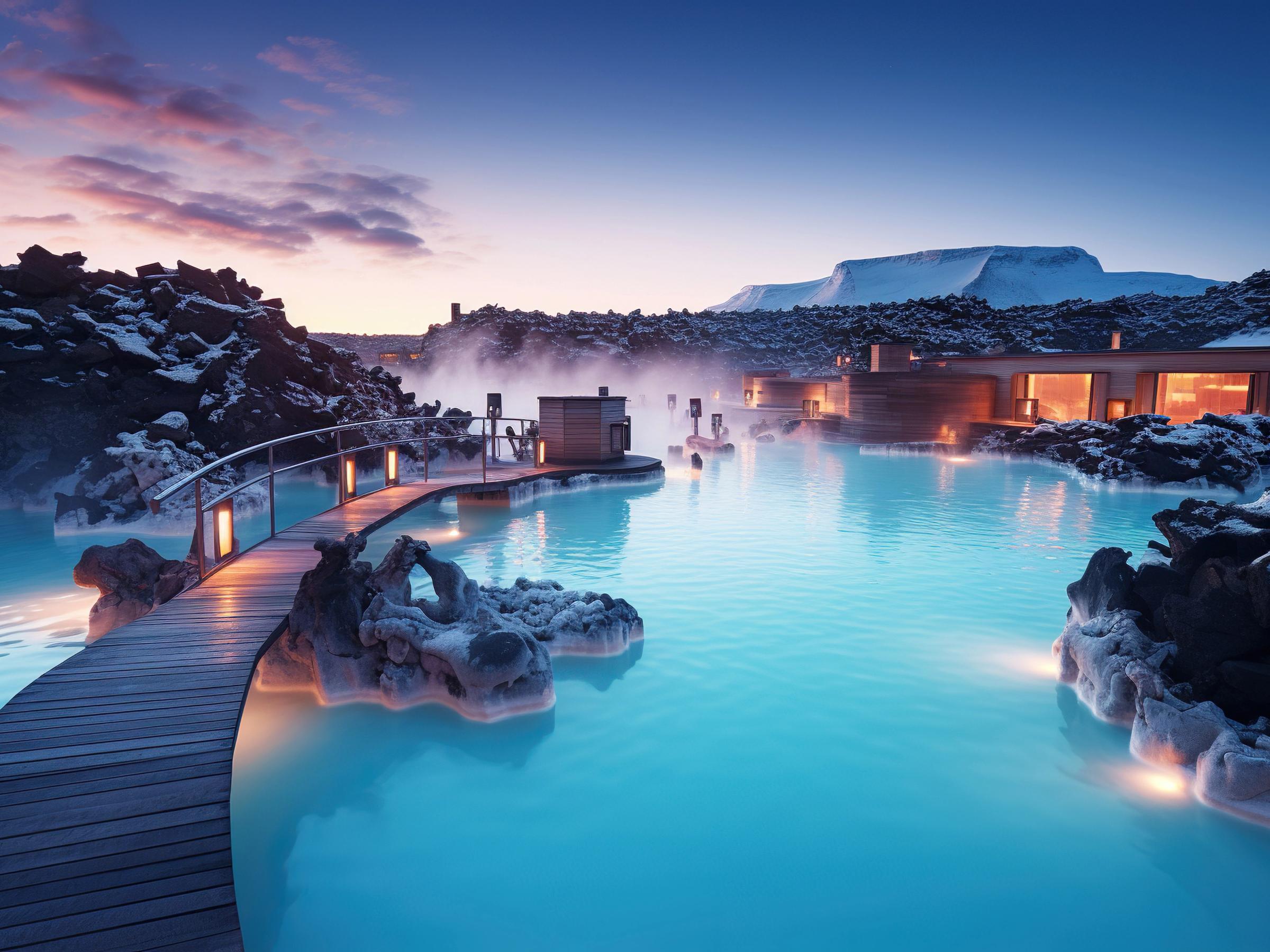 Blue lagoon in Iceland sunset