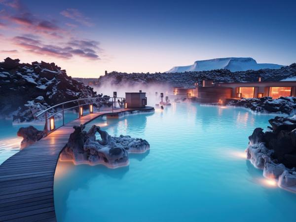 Blue lagoon in Iceland sunset