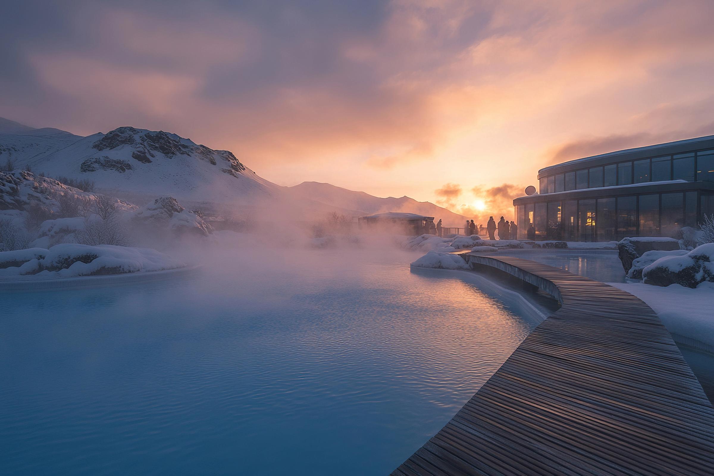 snowy sunset at Blue Lagoon Iceland 