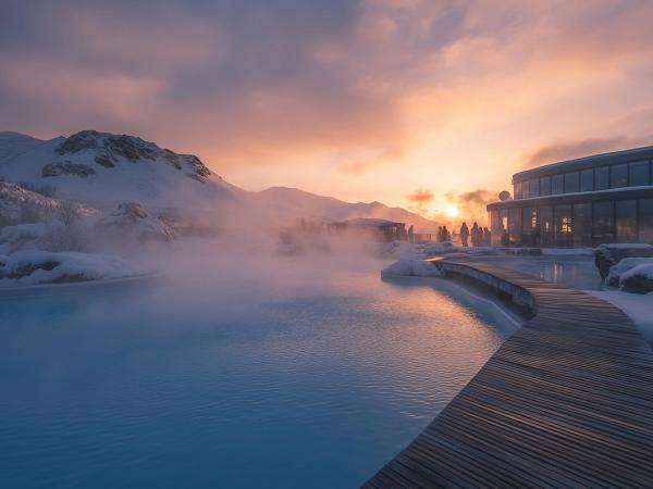snowy sunset at Blue Lagoon Iceland