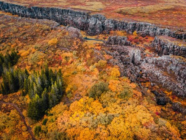 Aerial view of a dramatic rocky rift valley surrounded by vibrant autumn foliage.