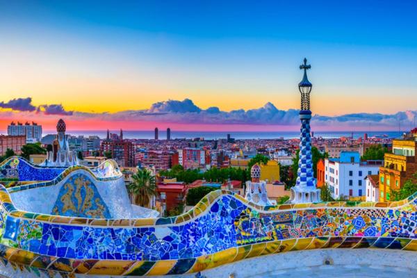 Skyline panorama of Barcelona at sunrise