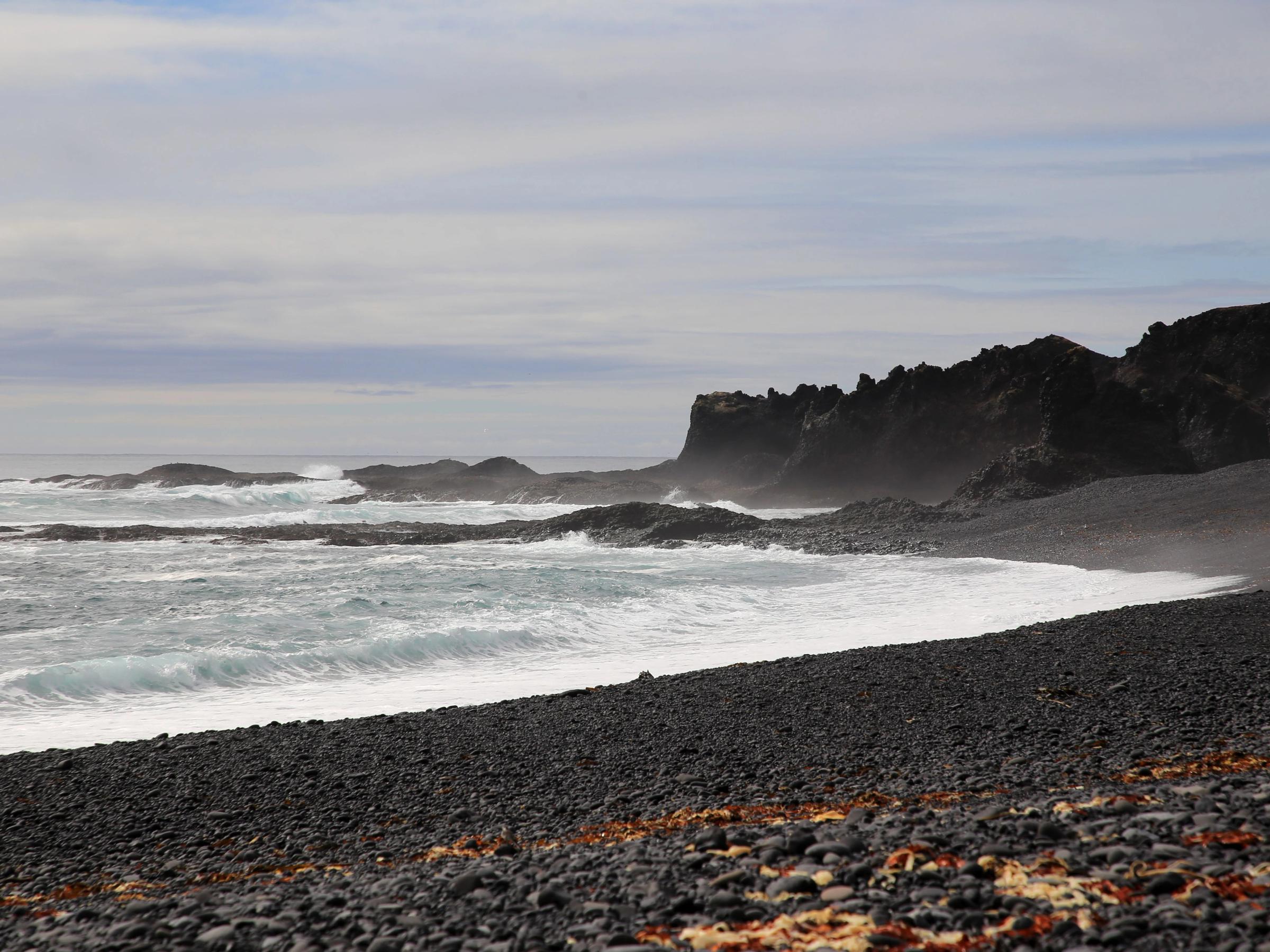 a black sandy beach with waves crashing against the rocks on a cloudy day .