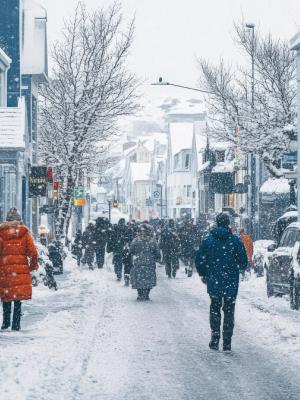 a group of people are walking down a snowy street in a city .
