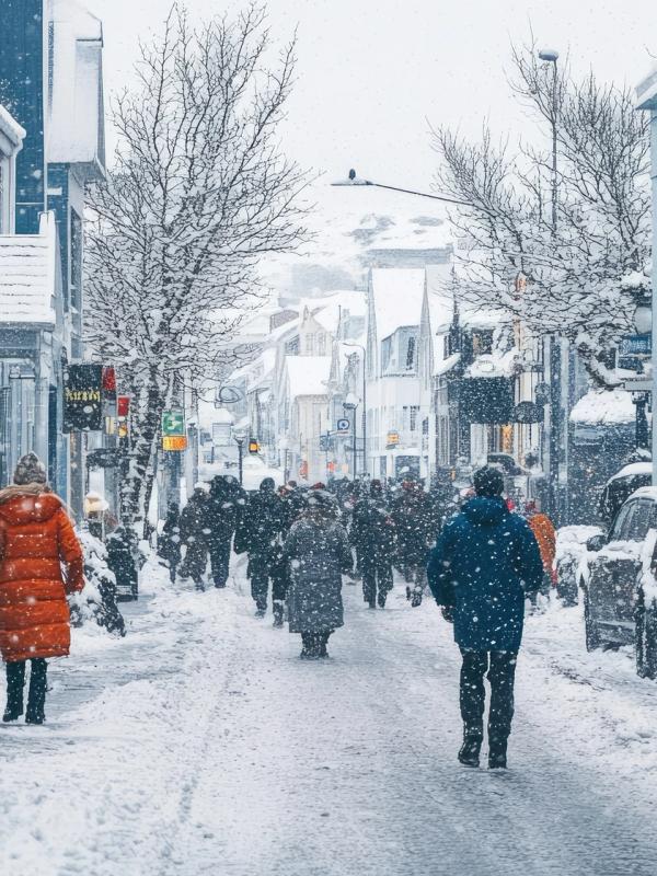 a group of people are walking down a snowy street in a city .