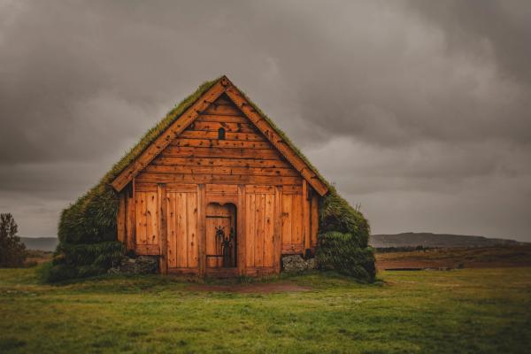 a wooden building with a green roof is sitting in the middle of a grassy field at Þorláksbúð in Iceland.