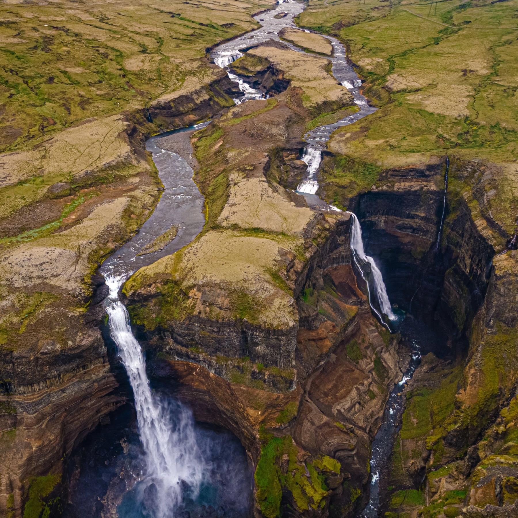 Drone shot of Granni waterfall and Háifoss Waterfall