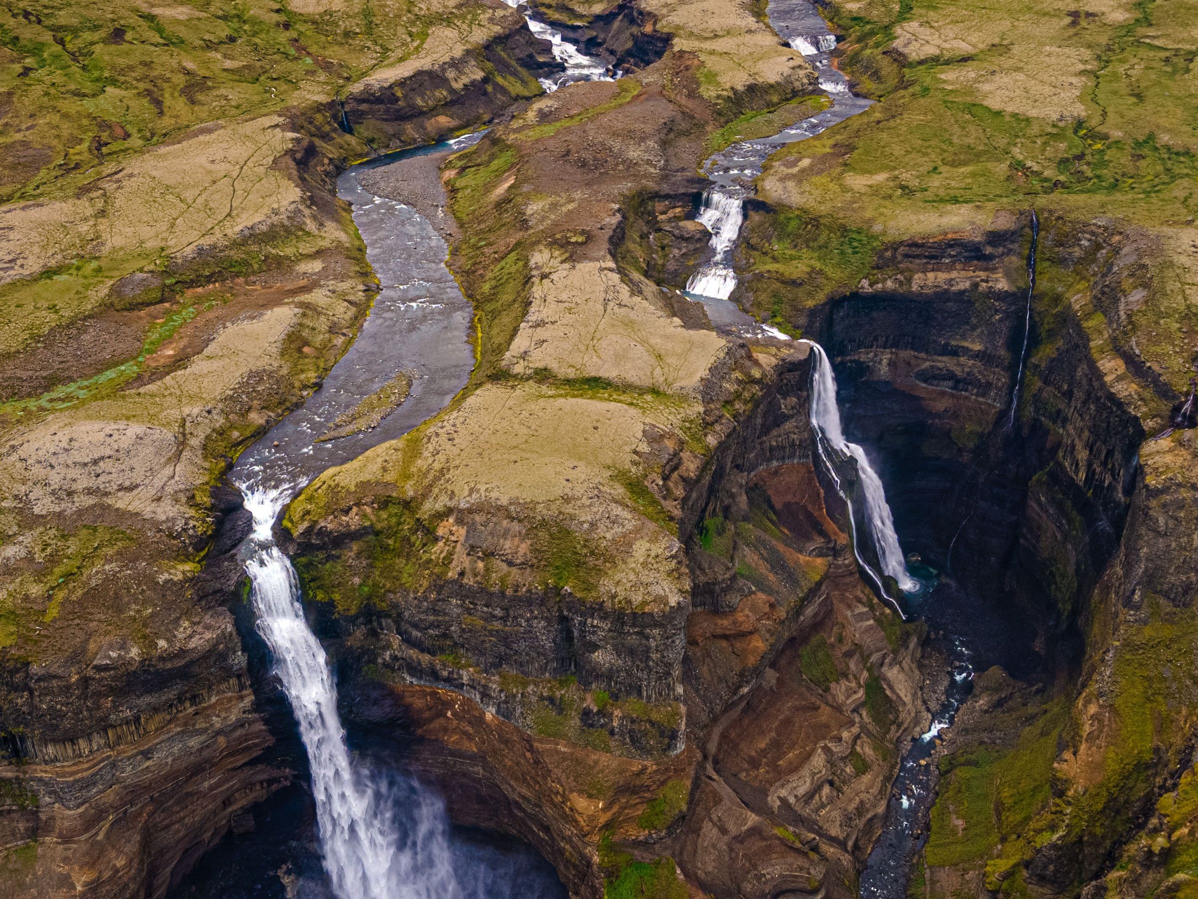 Drone shot of Granni waterfall and Háifoss Waterfall