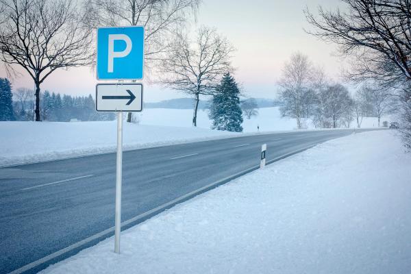 there is a parking sign on the side of the road in the snow .