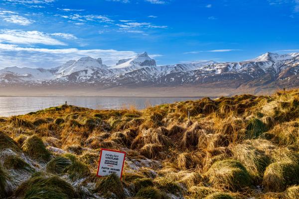 a sign in the middle of a field with mountains in the background .