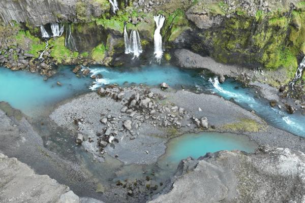 Aerial view of a turquoise river with multiple waterfalls cascading from a green cliff, and a small turquoise pool.