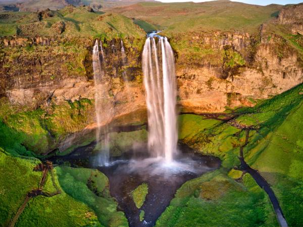 Aerial vista of Seljalandsfoss Waterfall