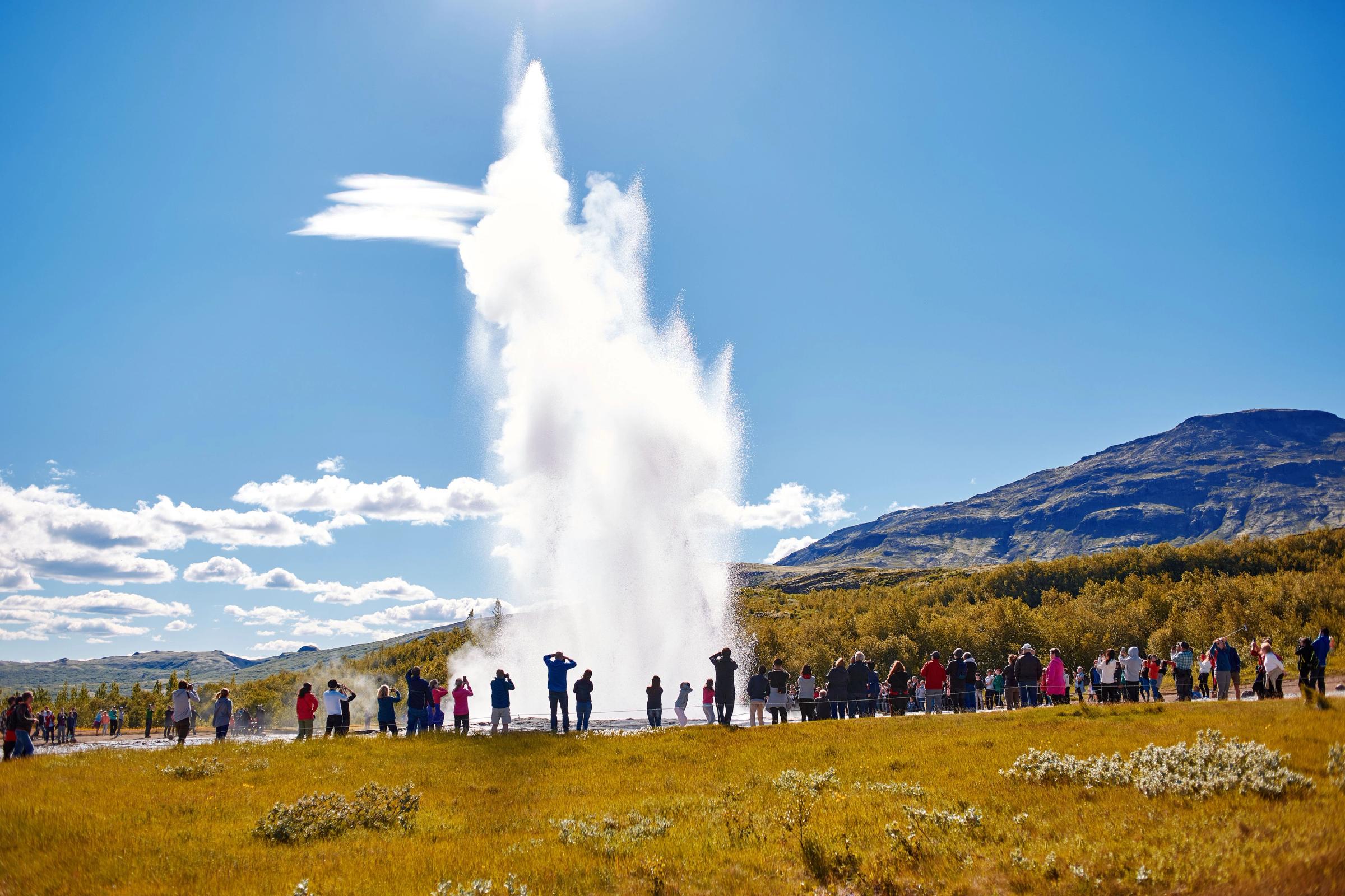 a group of people are standing in front of a geyser in a field .