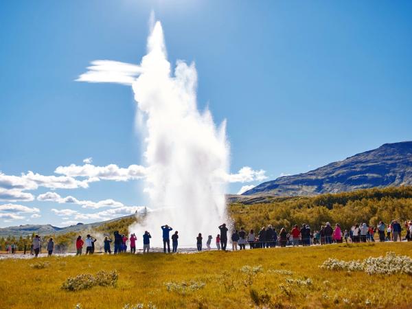 a group of people are standing in front of a geyser in a field .