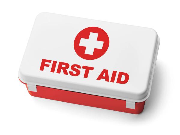 a red and white first aid kit with a red cross on it