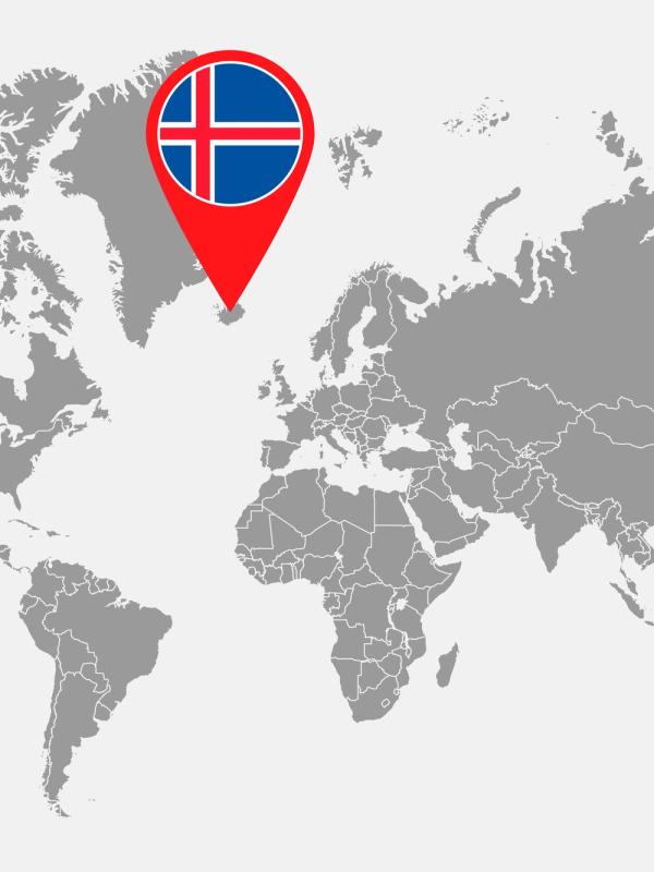 World's map with Iceland marked with a red pin