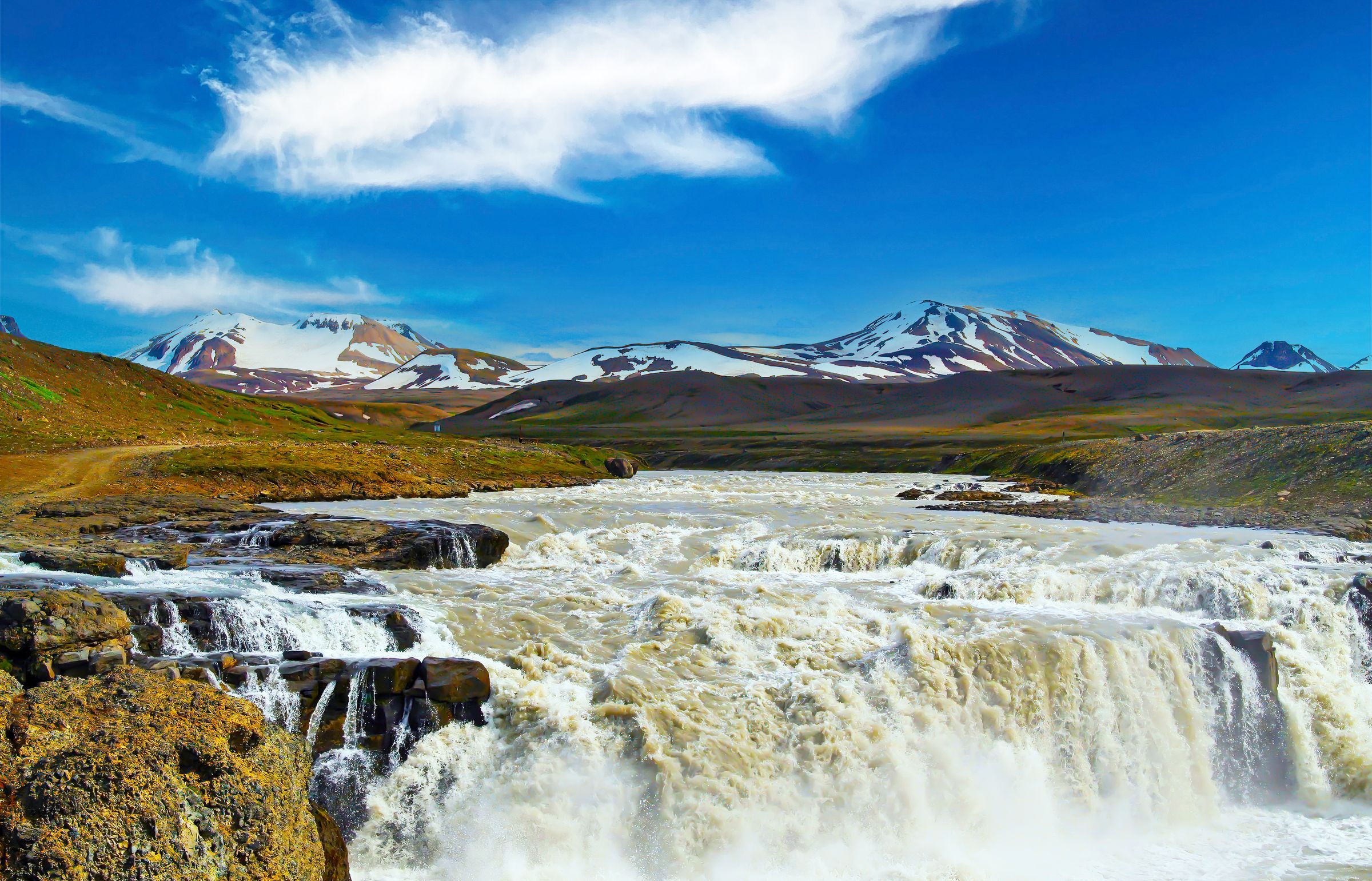 Una poderosa cascada con aguas turbulentas de color marrón en un paisaje verde, respaldada por montañas nevadas bajo un cielo azul brillante.