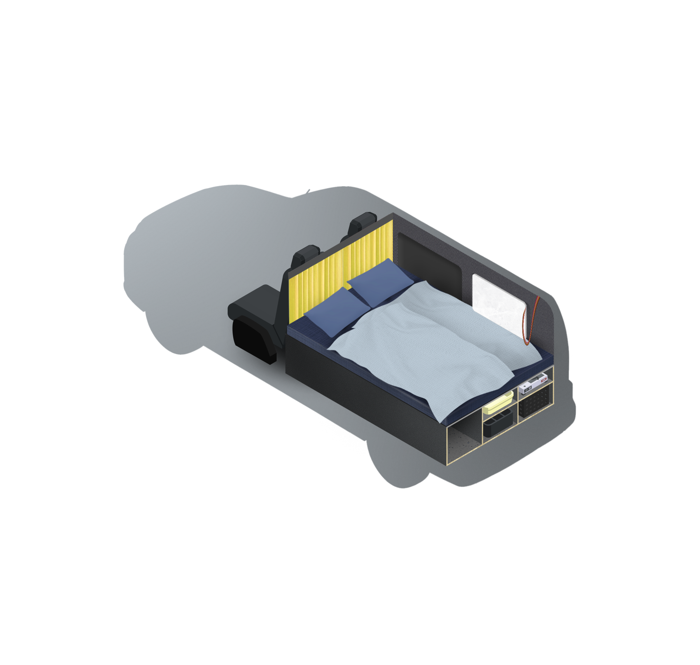 Isometric view of a van's interior showing a bed with blue bedding, a yellow headboard, and built-in storage underneath.