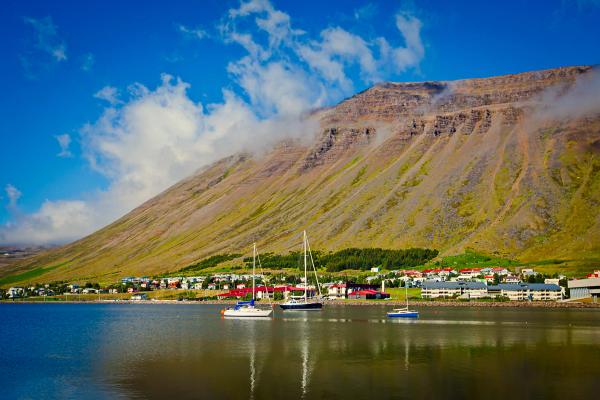 a group of sailboats are docked in a harbor with a mountain in the background in ísafjörður in west Iceland.