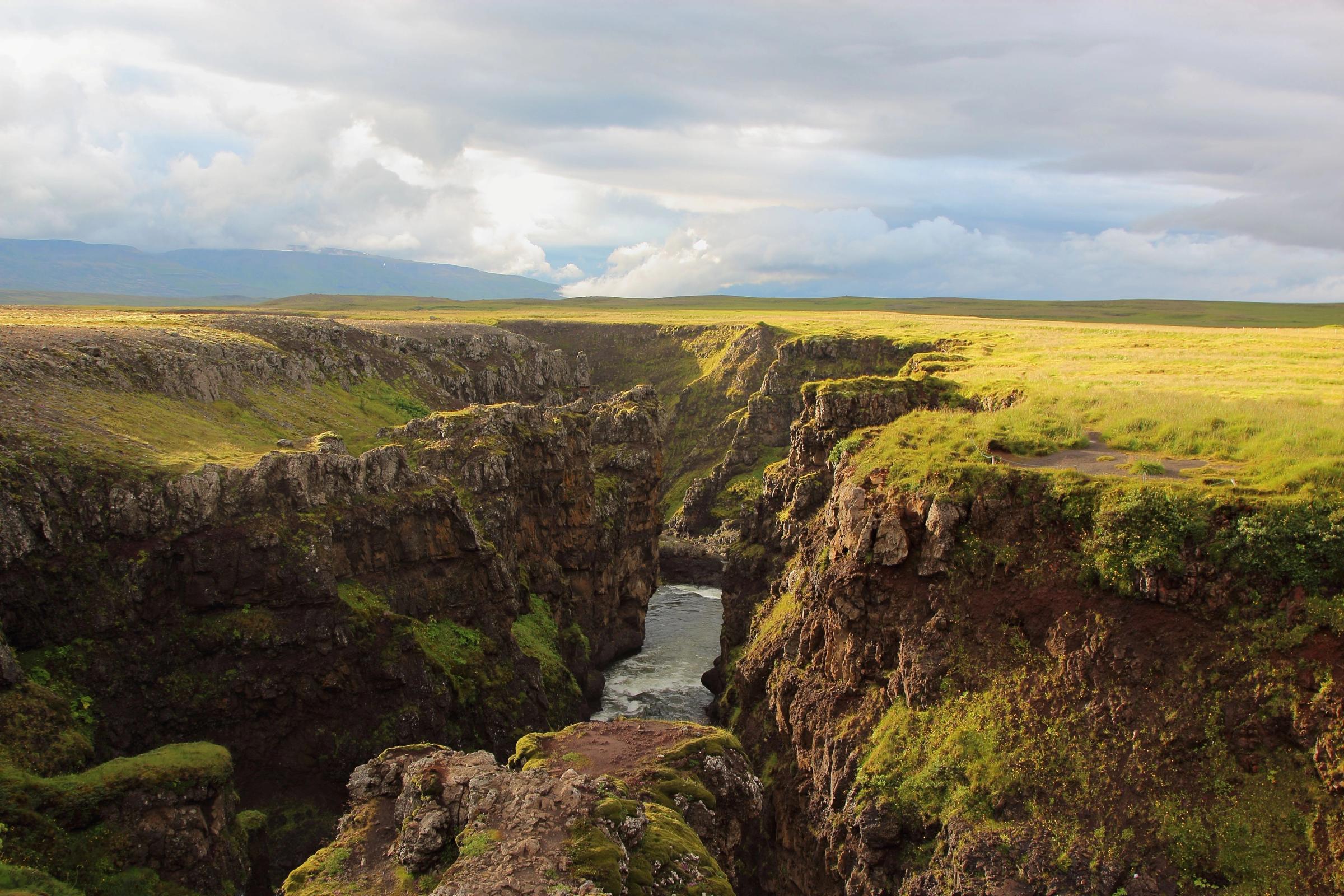 Aerial view of Kolugljúfur Canyon with its dramatic cliffs and lovely waterfalls
