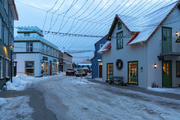 Little road covered in snow with houses, shops and some cars