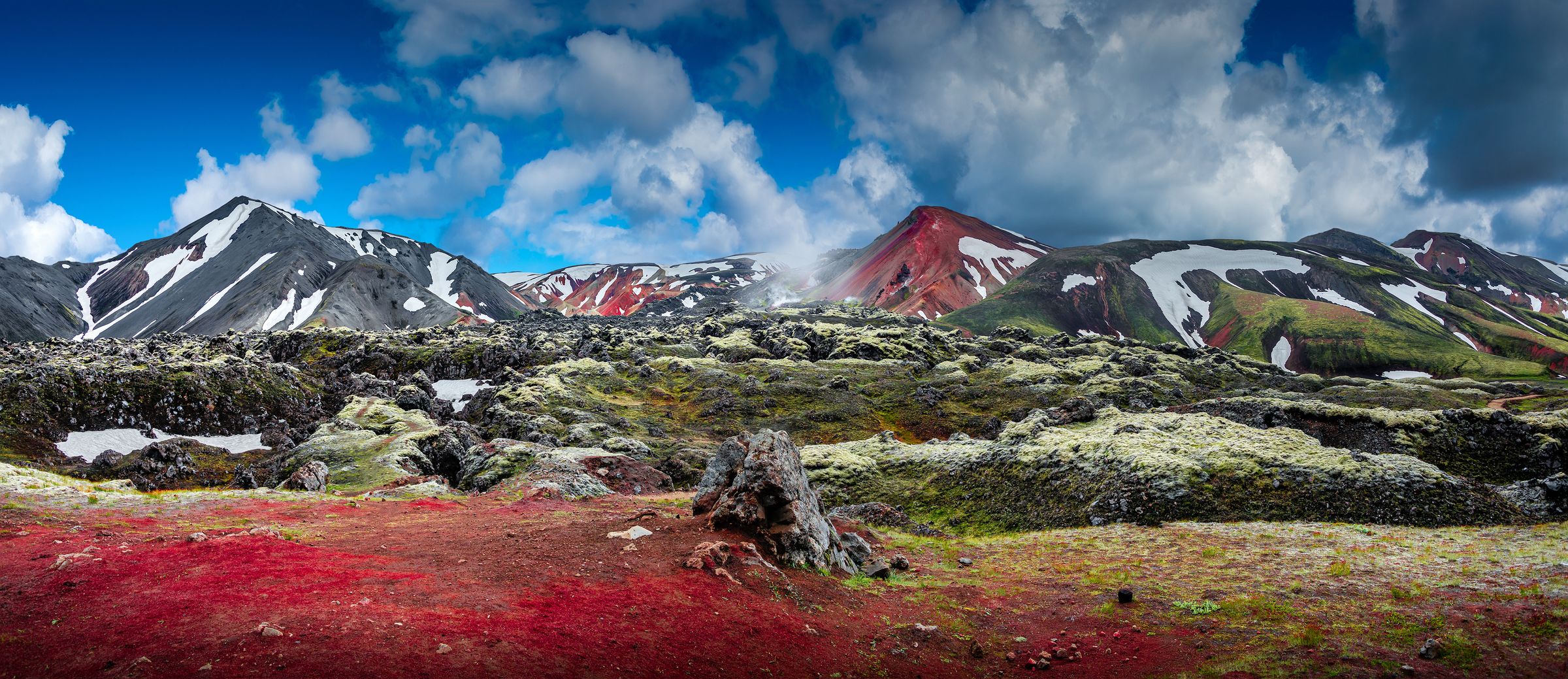 a panoramic view of a landscape with mountains in the background and a tree stump in the foreground in iceland.