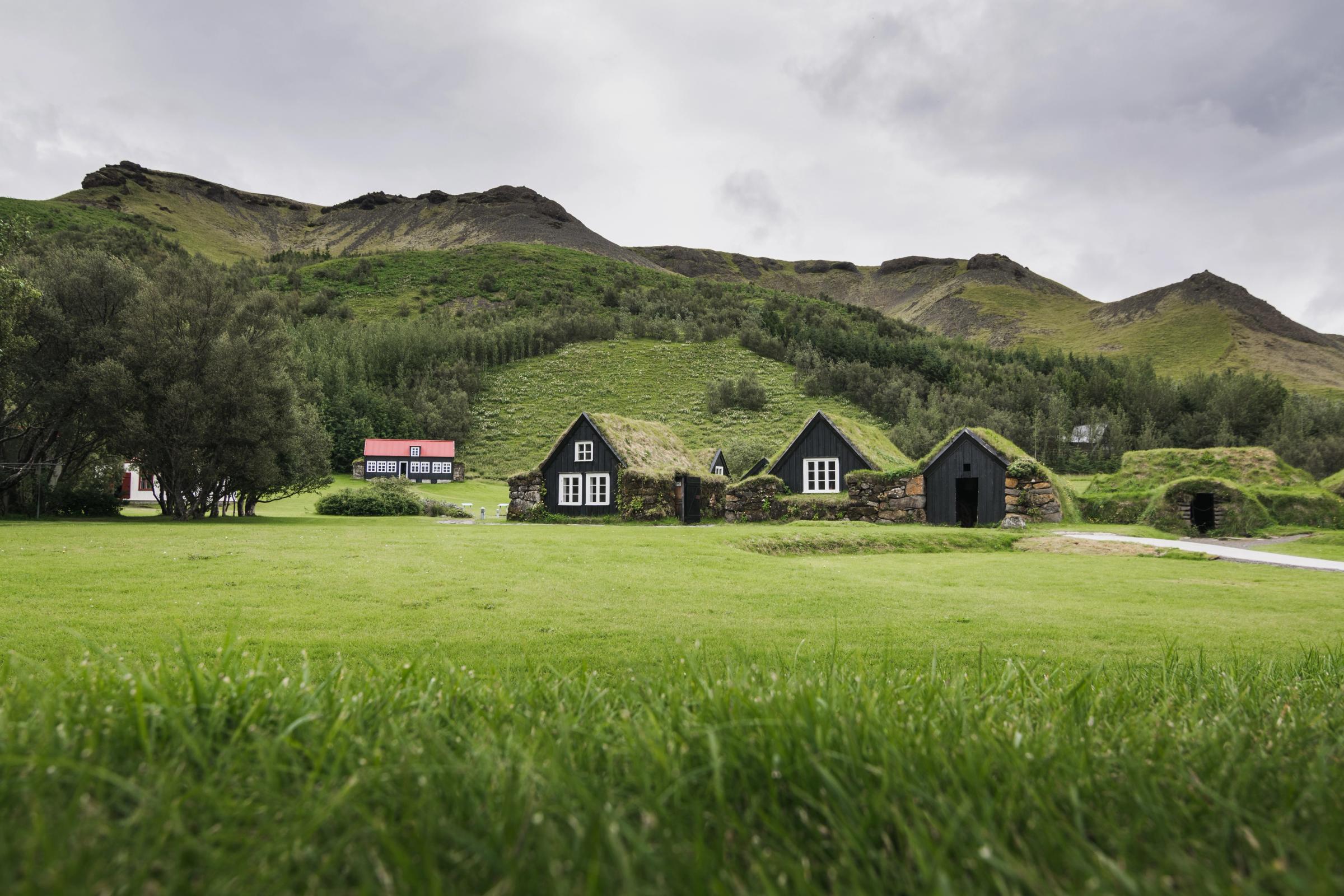 casitas de madera oscura cubiertas de musgo verde en un campo de hierba verde y colinas verde al fondo