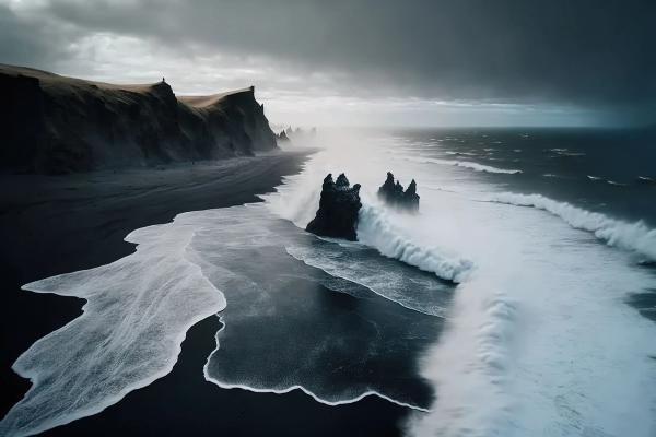 Embrace the surreal beauty of Iceland at Reynisfjara, the famous Black Sand Beach. Panoramic view of Reynisfjara Black Sand Beach in Iceland.