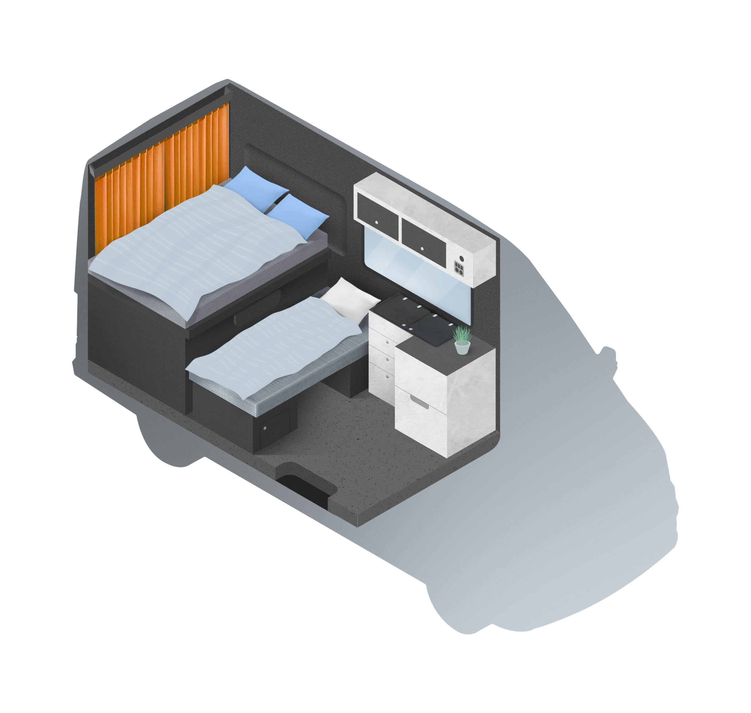 an isometric drawing of a bedroom with two beds