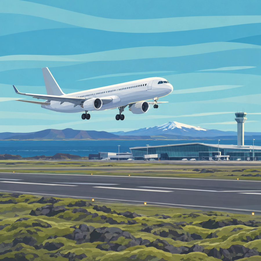 An illustration of a white airplane landing at an airport terminal by a body of water, with a control tower and snow-capped mountains.