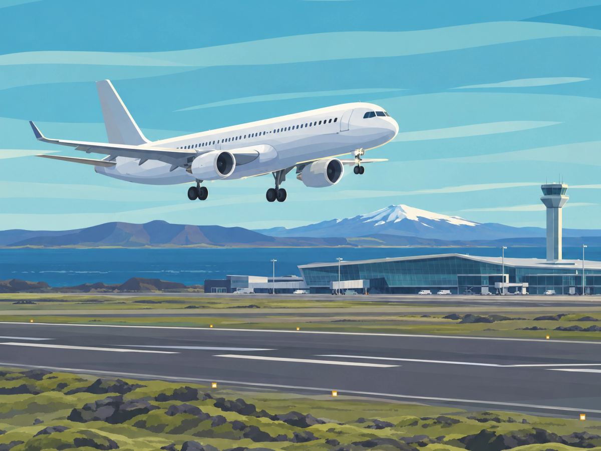 An illustration of a white airplane landing at an airport terminal by a body of water, with a control tower and snow-capped mountains.