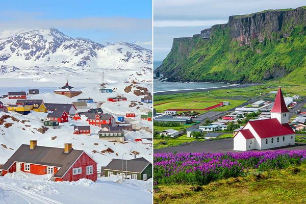 A white snowy Greenland versus green grass Iceland