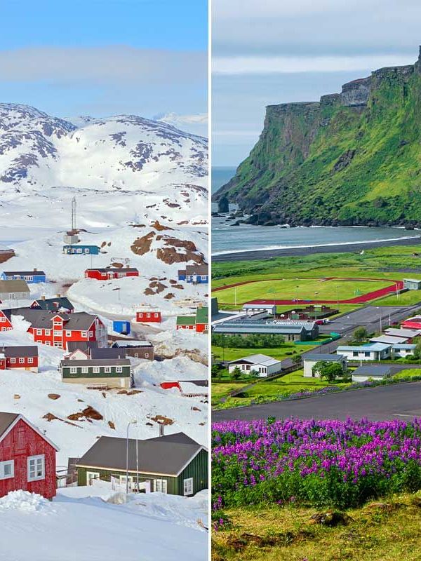 Greenland vs Iceland A white snowy Greenland versus green grass Iceland