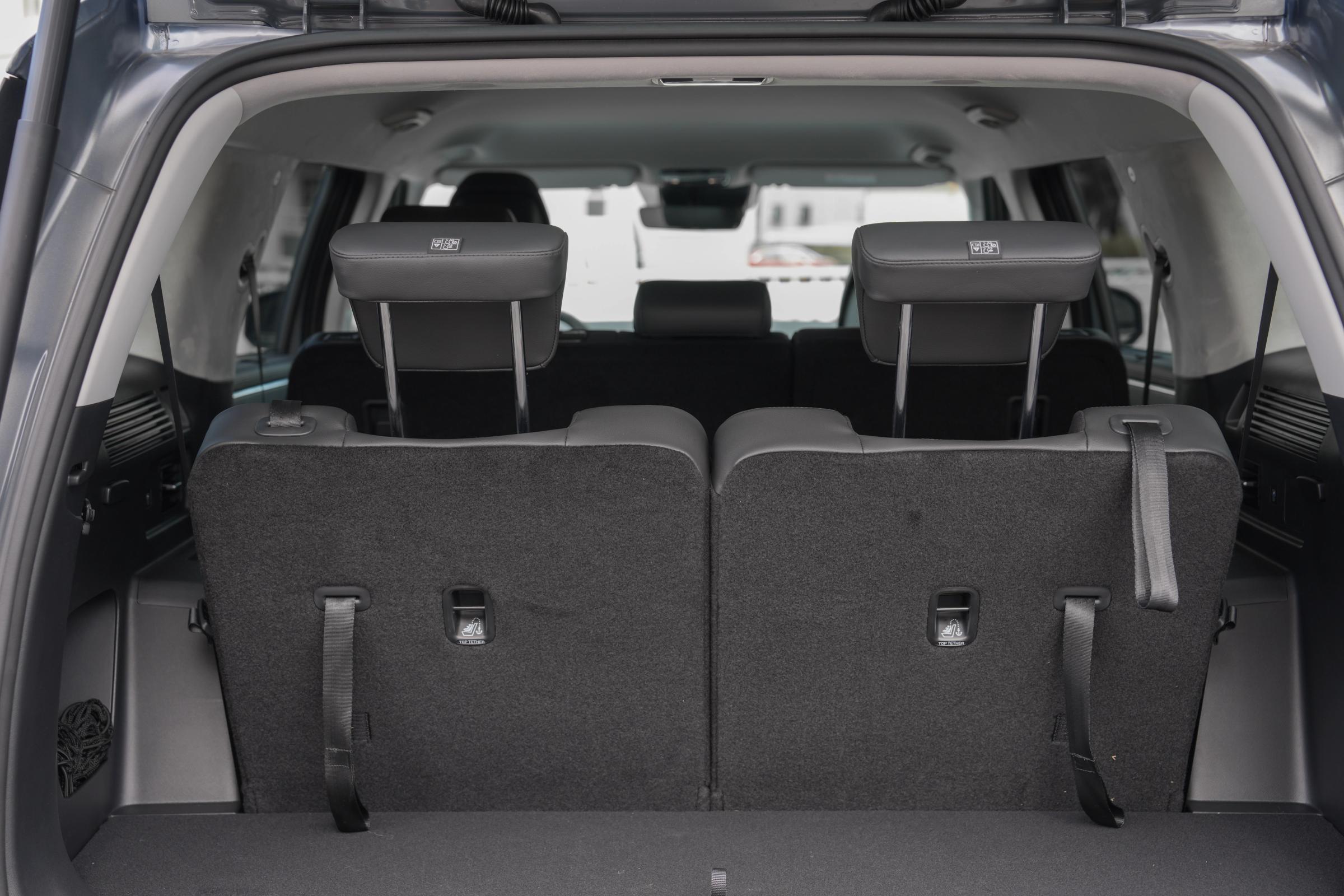 Hyundai Santa Fe boot area with the third row seats upright and release straps visible