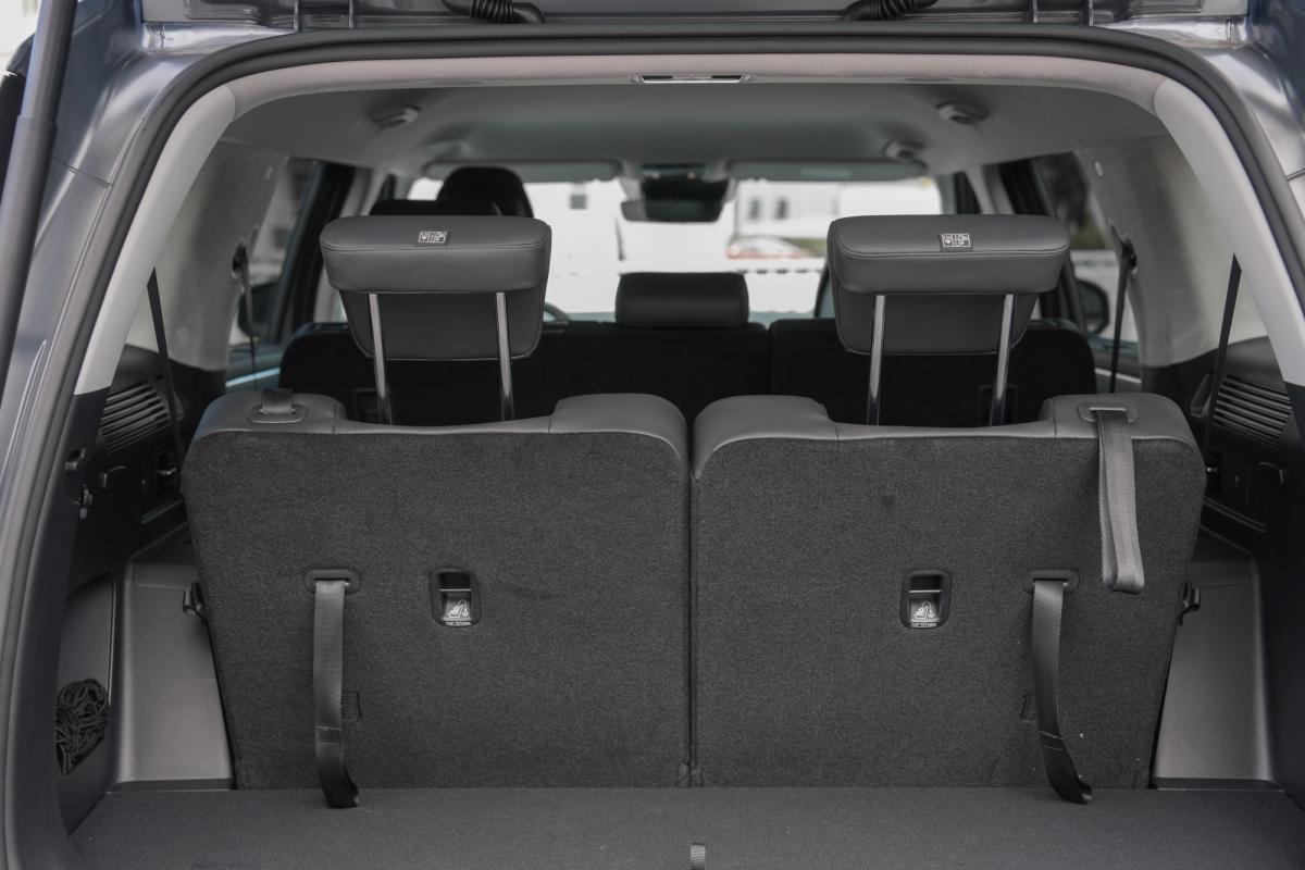Hyundai Santa Fe boot area with the third row seats upright and release straps visible