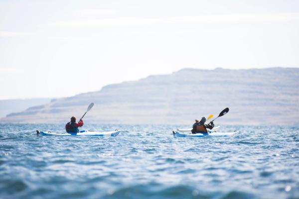 two people are paddling kayaks in the ocean .