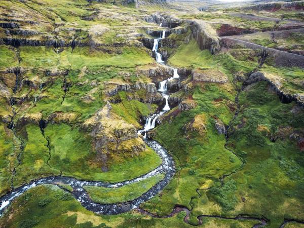 Aerial view of Klifbrekkufossar Waterfall