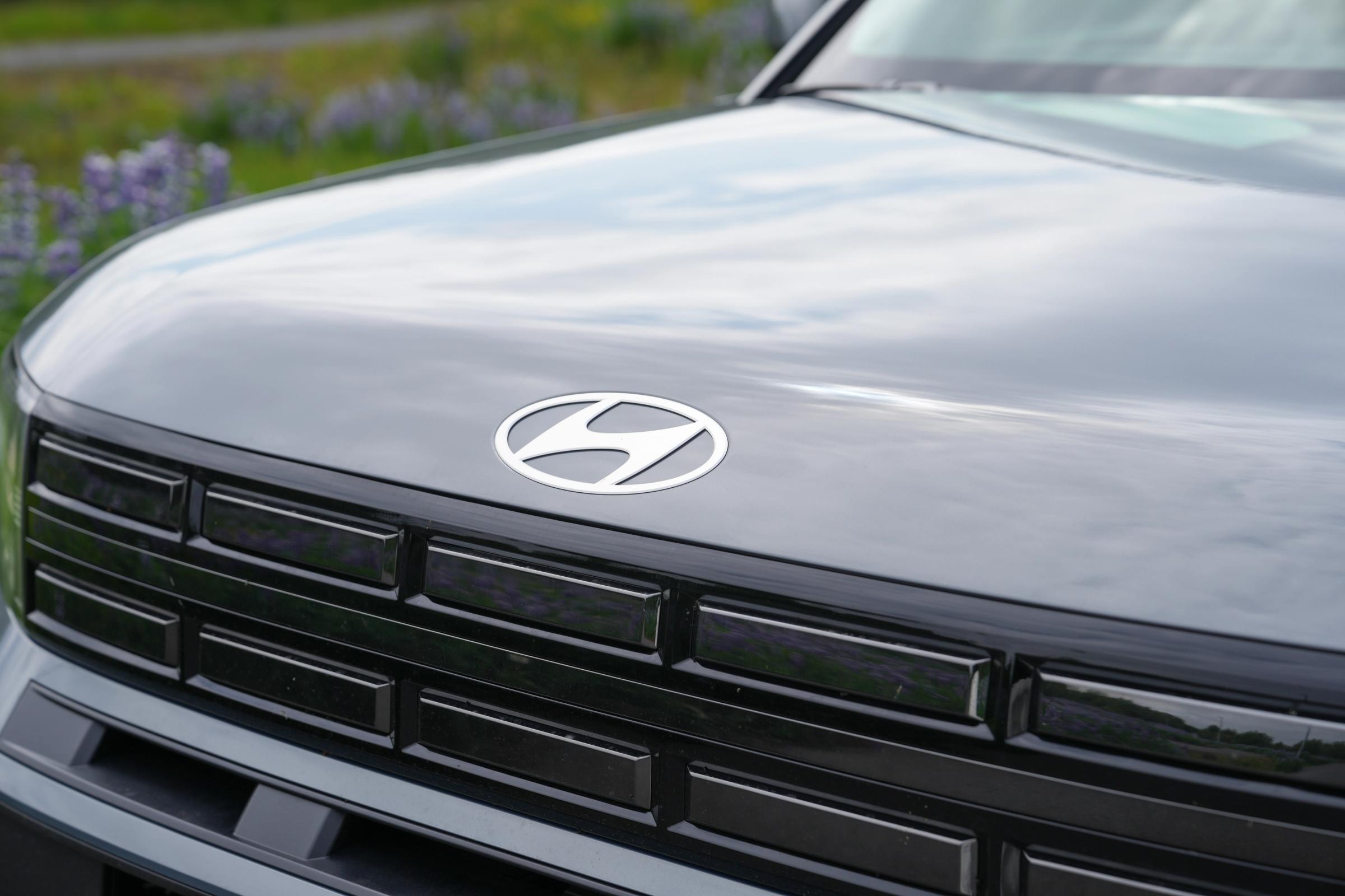 Hyundai Santa Fe bonnet badge and front grille shown in close up detail