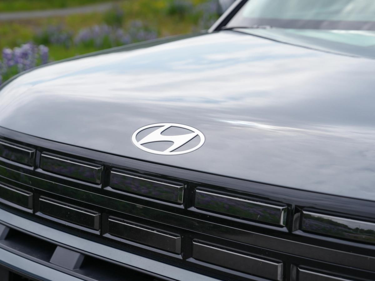 Nánari upplýsingar um Santa Fe Grille Nærmynd af merki á vélarhlíf og framgrilli Hyundai Santa Fe