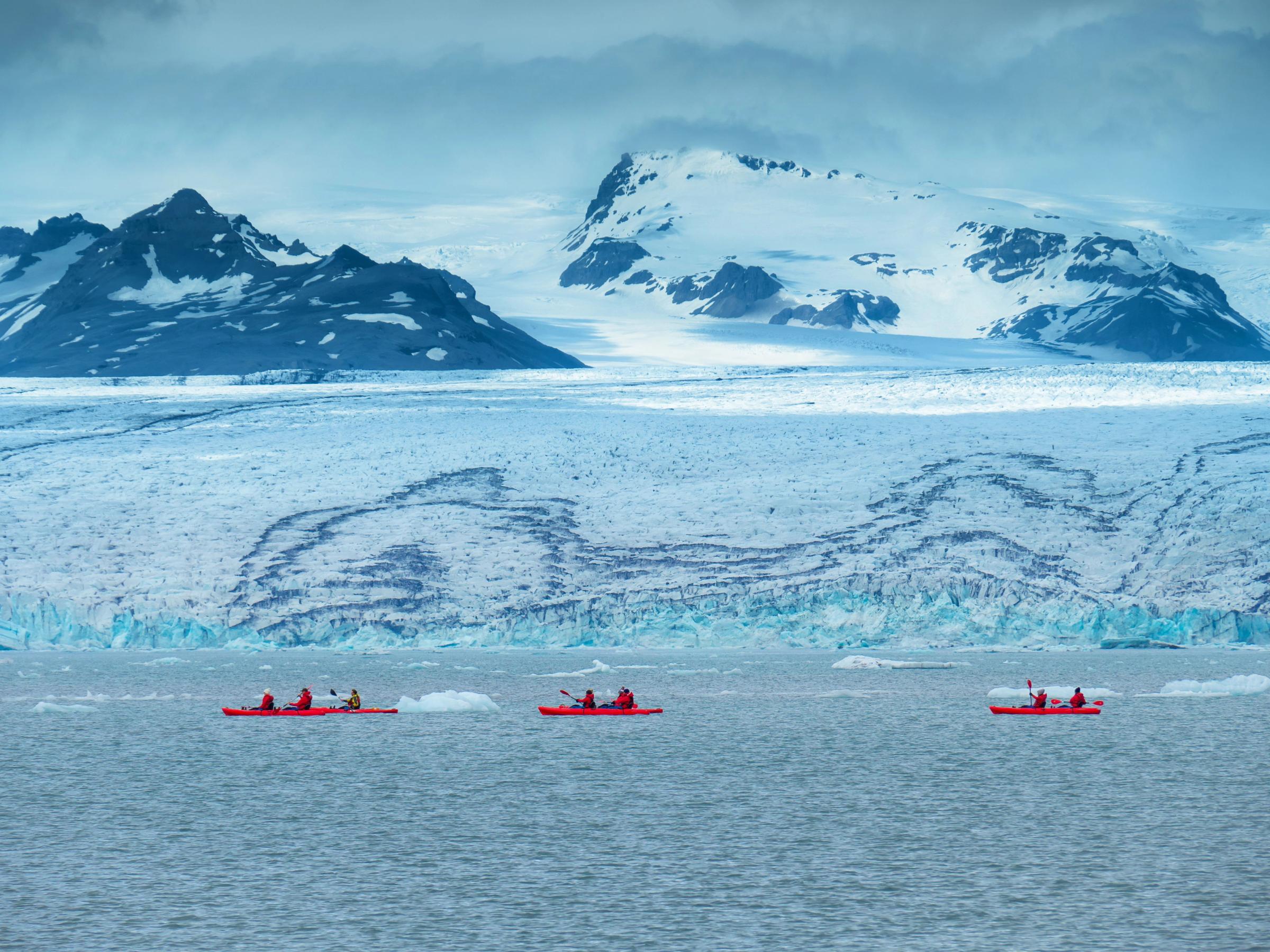 People kayaking at Jokularlon Glacier Lagoon
