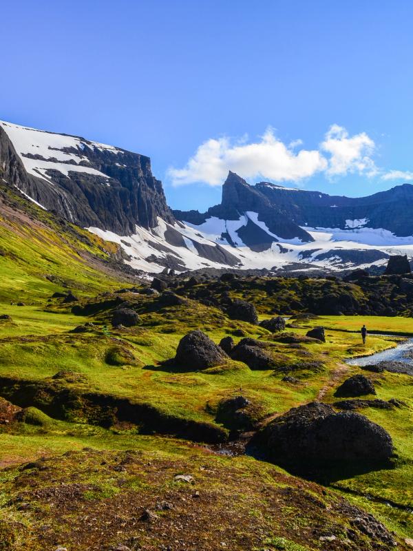 a person is standing next to a stream in the mountains .