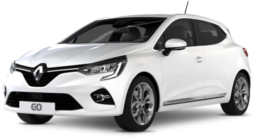 Handbók fyrir lítinn bíl Renault Clio Hvítur Renault Clio bíll er sýndur á gegnsæjum bakgrunni.