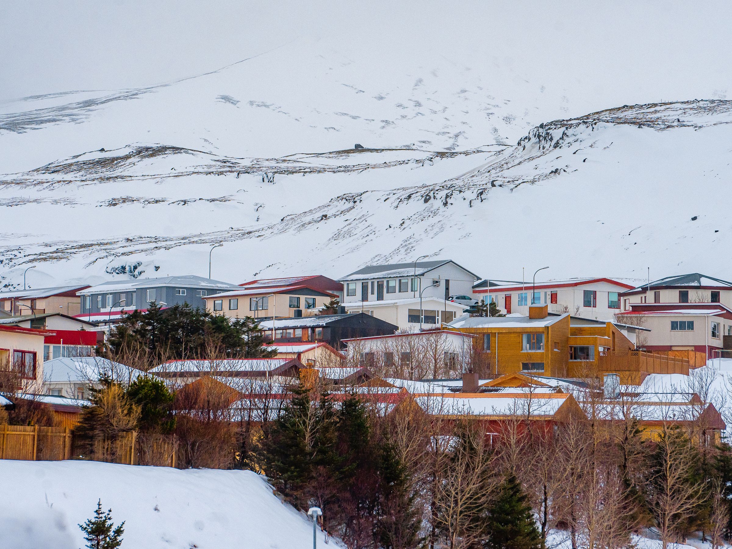 Colorful houses in a snow-covered village with a large mountain backdrop.
